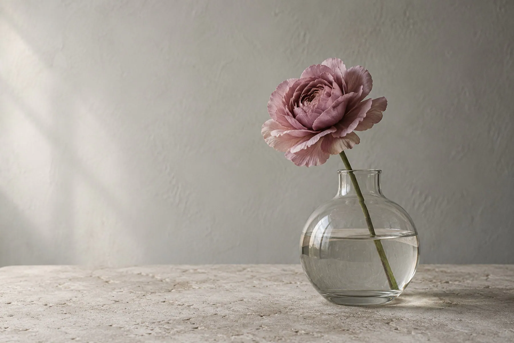 Uma flor em vaso de vidro contra parede cinza