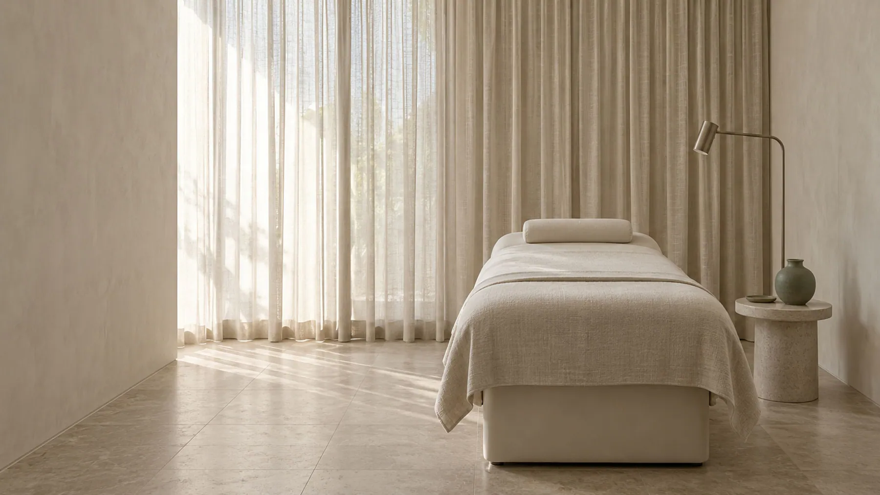 Sala clara com cortinas de linho e maca